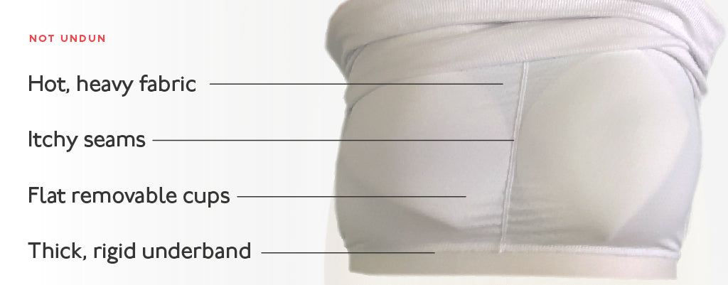 Competitor product: itchy seams, heavy fabric, removable cups